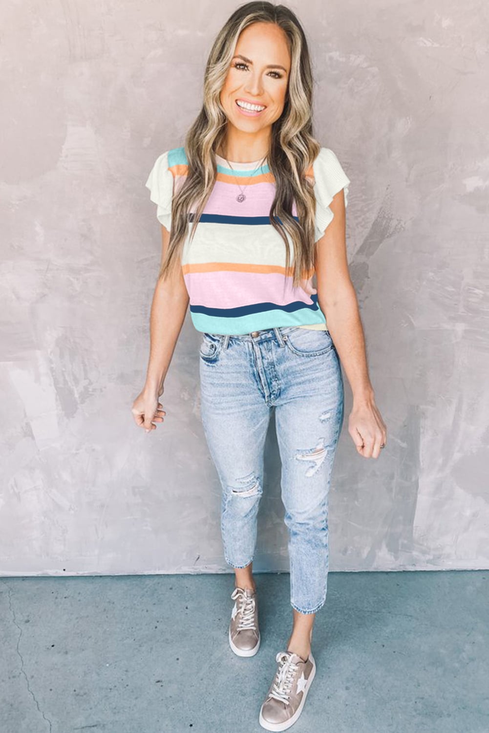 Multicolour Striped Color Block Flutter Sleeve Patchwork Sweater Top