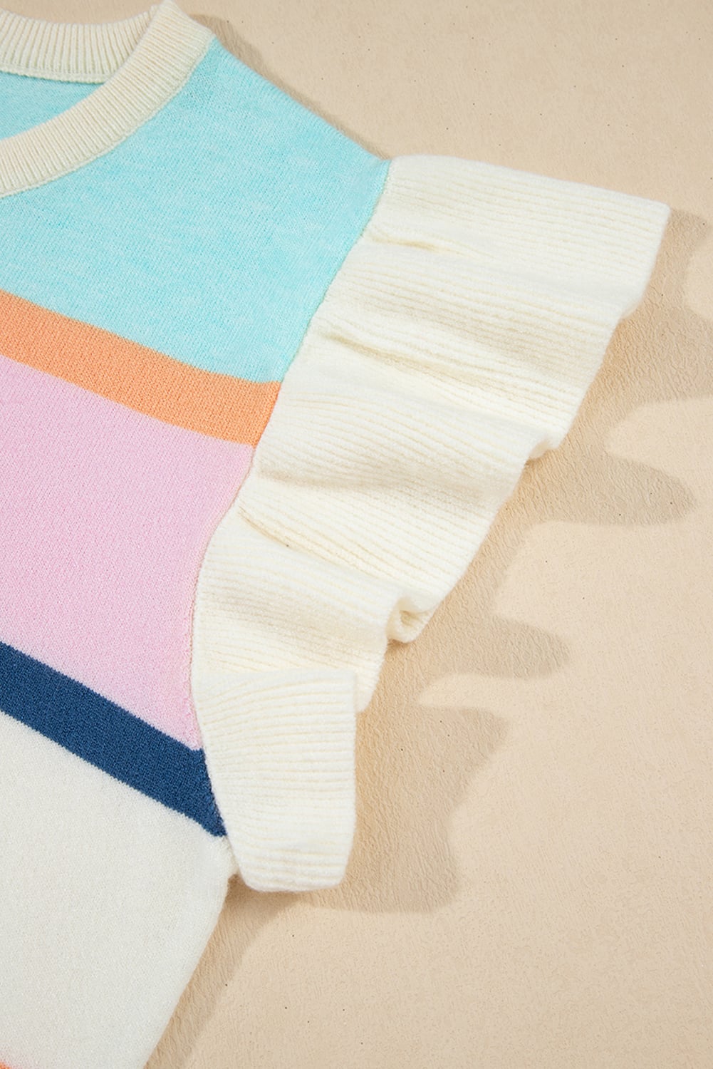 Multicolour Striped Color Block Flutter Sleeve Patchwork Sweater Top