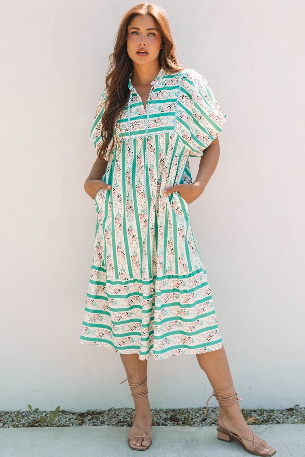 Multicolour Striped Floral Print Tie Split Neck Puff Sleeve Midi Dress