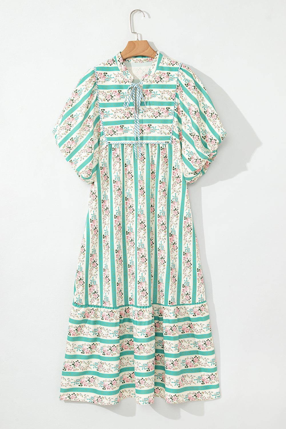 Multicolour Striped Floral Print Tie Split Neck Puff Sleeve Midi Dress