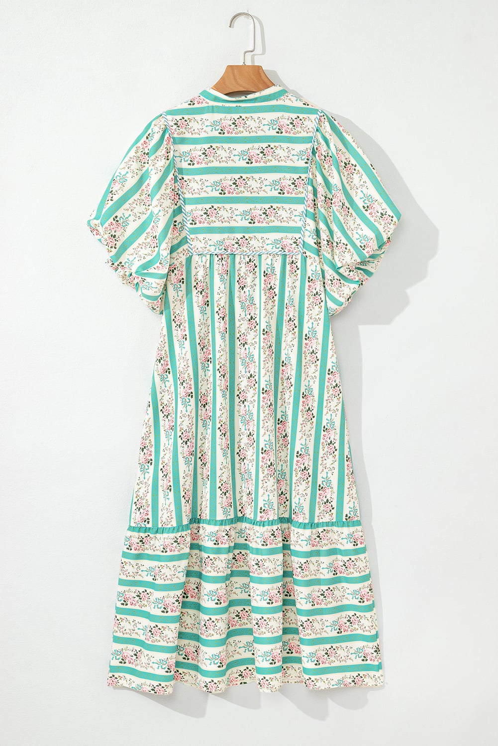 Multicolour Striped Floral Print Tie Split Neck Puff Sleeve Midi Dress