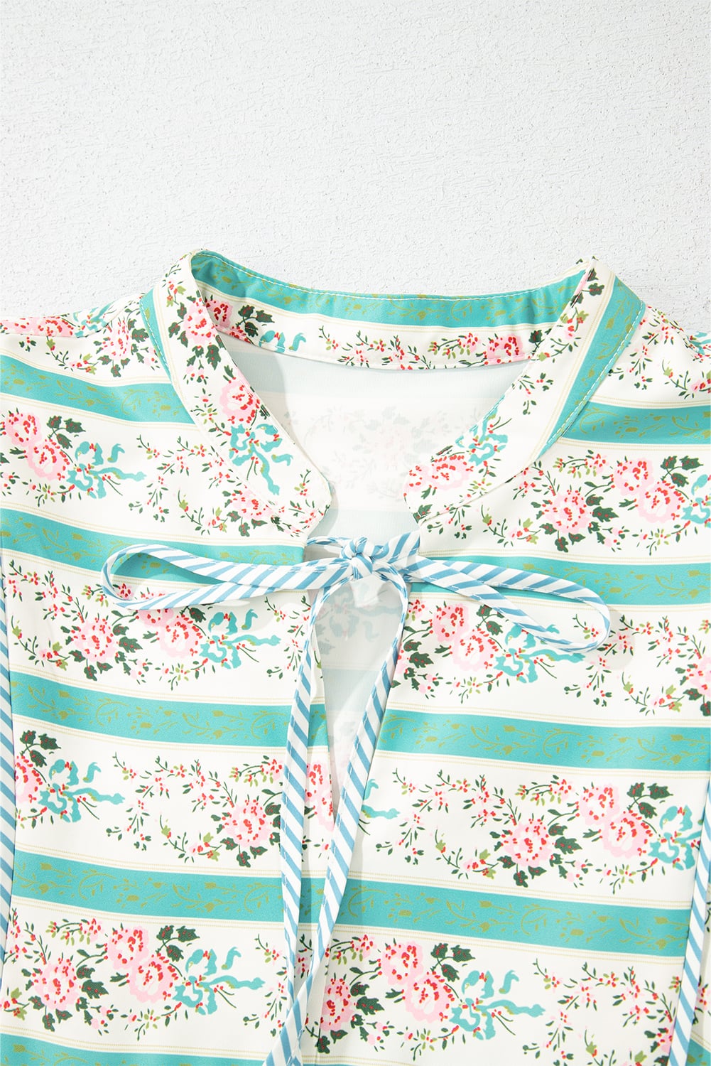 Multicolour Striped Floral Print Tie Split Neck Puff Sleeve Midi Dress