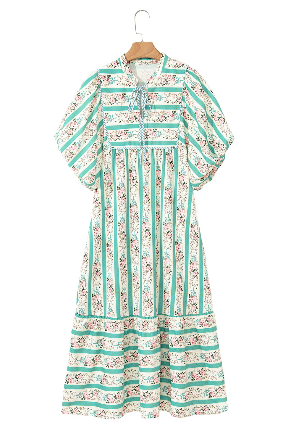 Multicolour Striped Floral Print Tie Split Neck Puff Sleeve Midi Dress