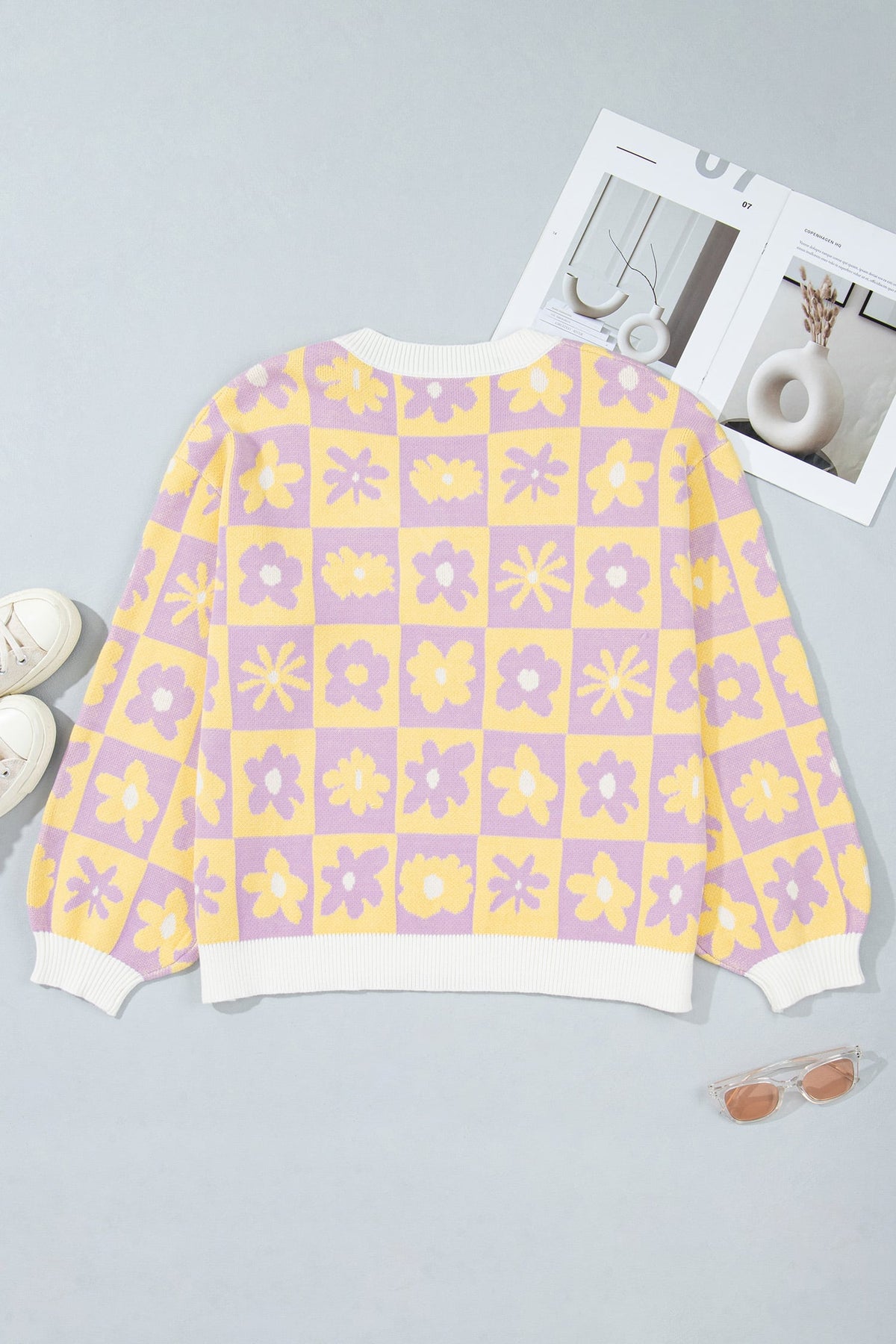 Multicolour V Neck Plaid Floral Long Sleeve Plus Size Sweater
