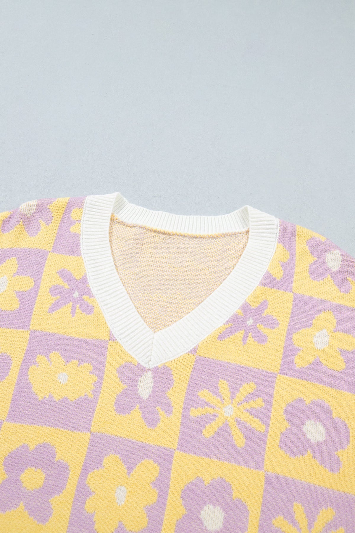 Multicolour V Neck Plaid Floral Long Sleeve Plus Size Sweater