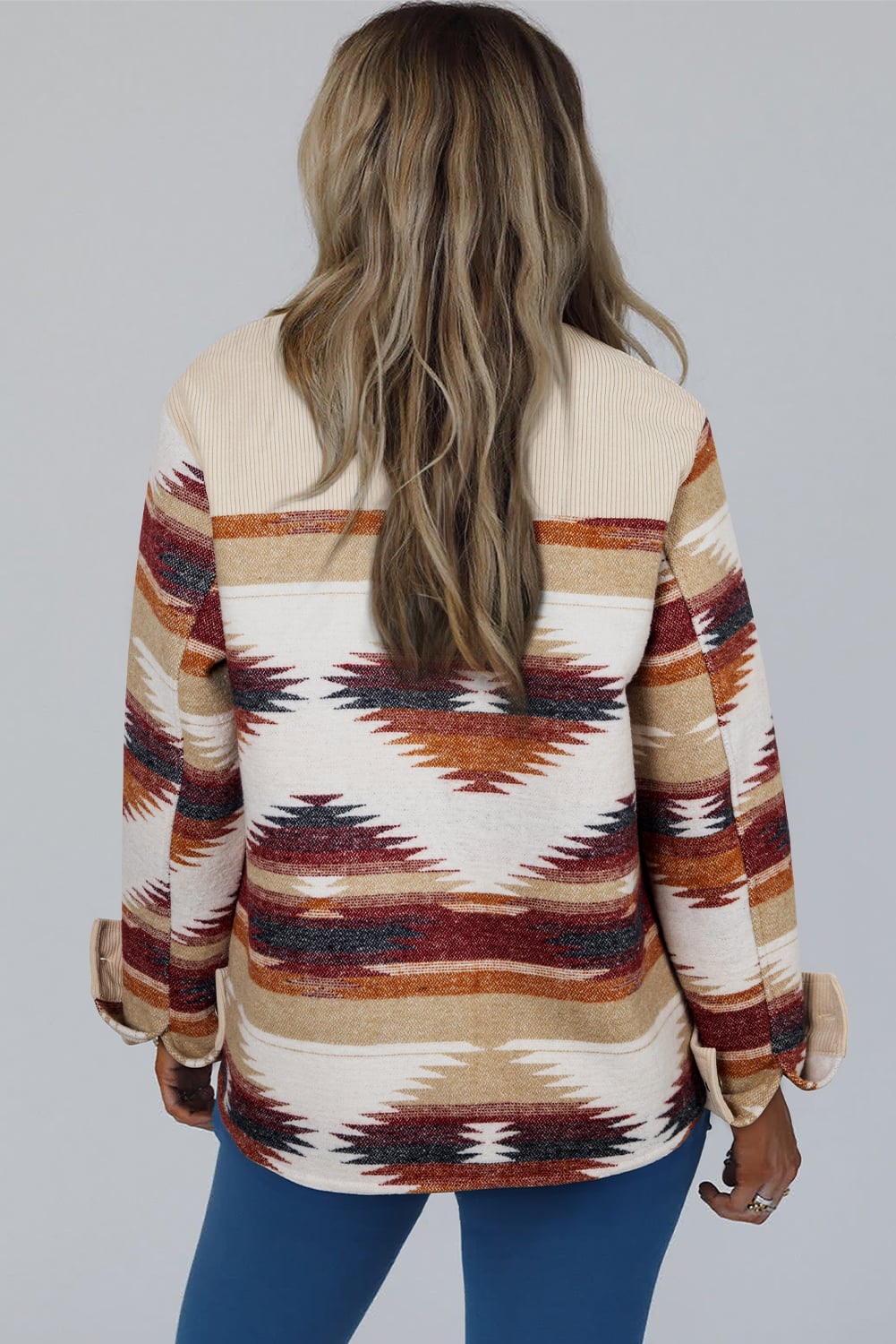 Multicolour Western Aztec Ribbed Patchwork Double Flap Pocket Raw Hem Shacket