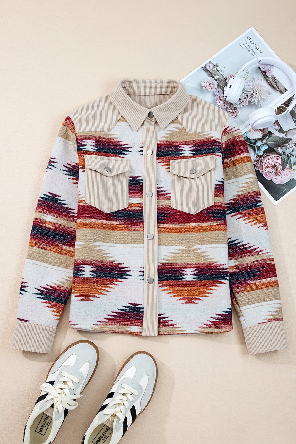 Multicolour Western Aztec Ribbed Patchwork Double Flap Pocket Raw Hem Shacket