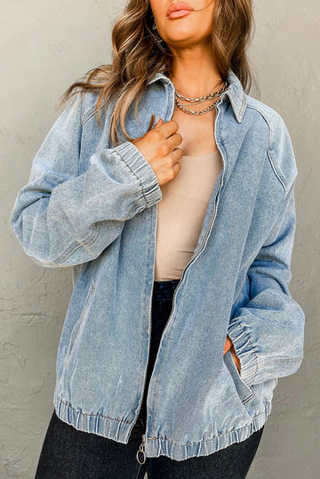 Myosotis Elastic Edge Collared Zip Up Denim Jacket With Pocket