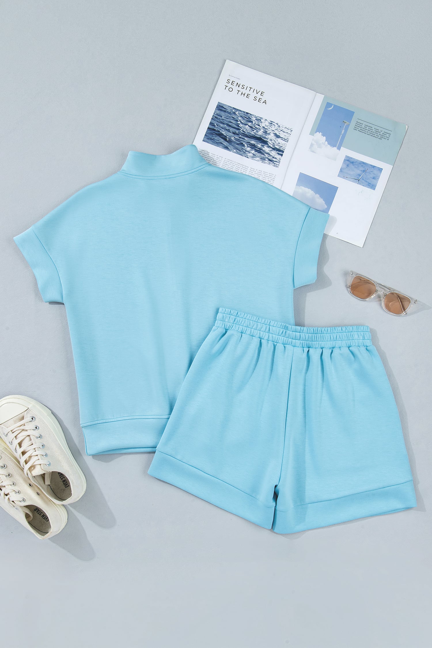 Myosotis Half Zip High Neck Tee Athleisure Short Set