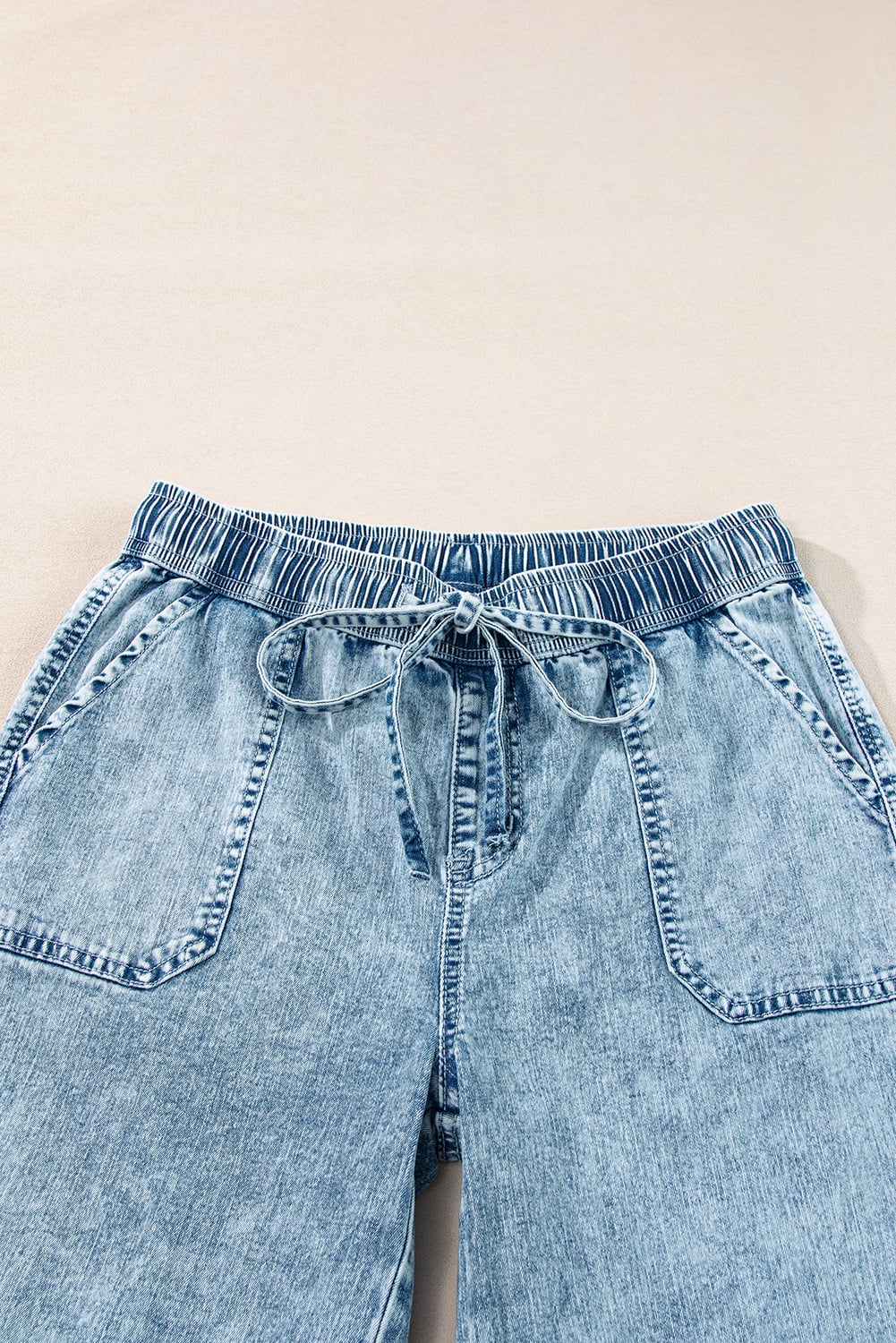 Myosotis Mineral Wash Drawstring Elastic Waistband Loose Straight Denim Pants