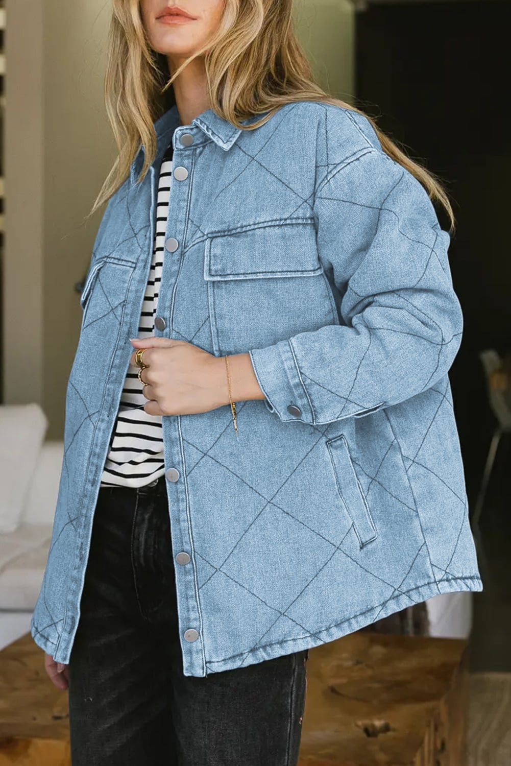 Myosotis Rhombus Stitched Pattern Button Pocketed Denim Jacket