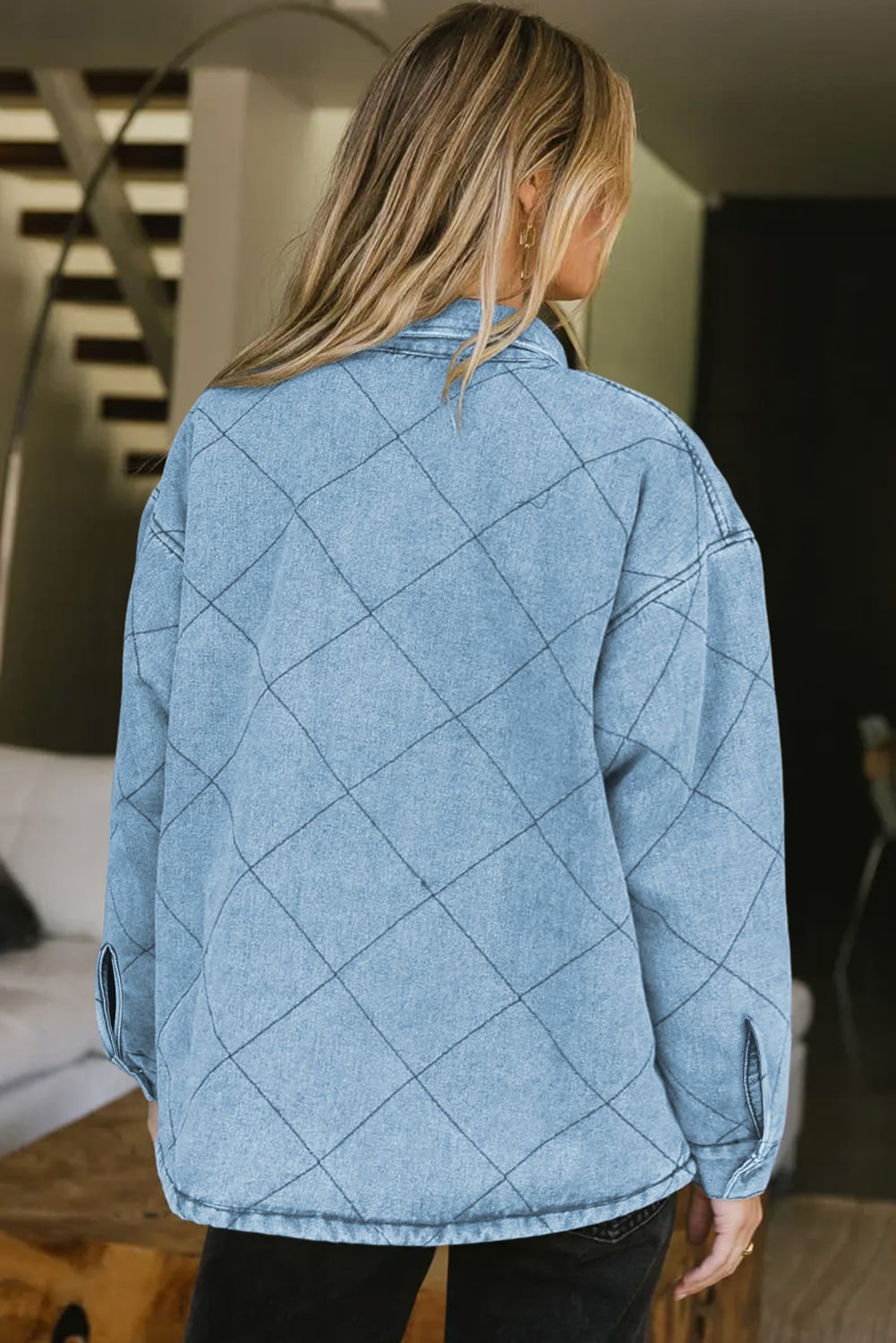 Myosotis Rhombus Stitched Pattern Button Pocketed Denim Jacket