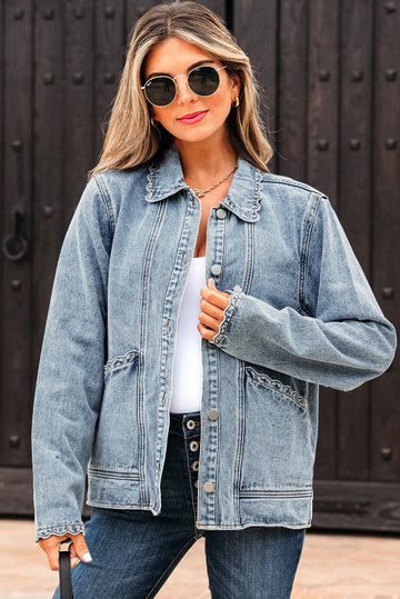Myosotis Scallop Trim Collar Patched Pocket Button Up Mineral Washed Denim Jacket
