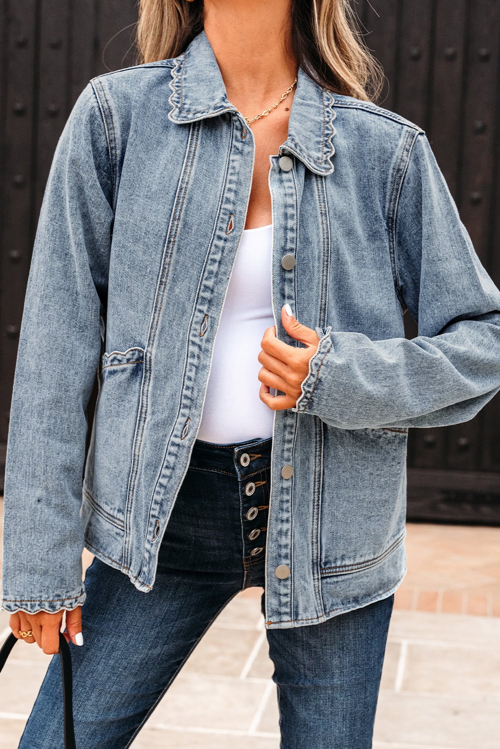 Myosotis Scallop Trim Collar Patched Pocket Button Up Mineral Washed Denim Jacket