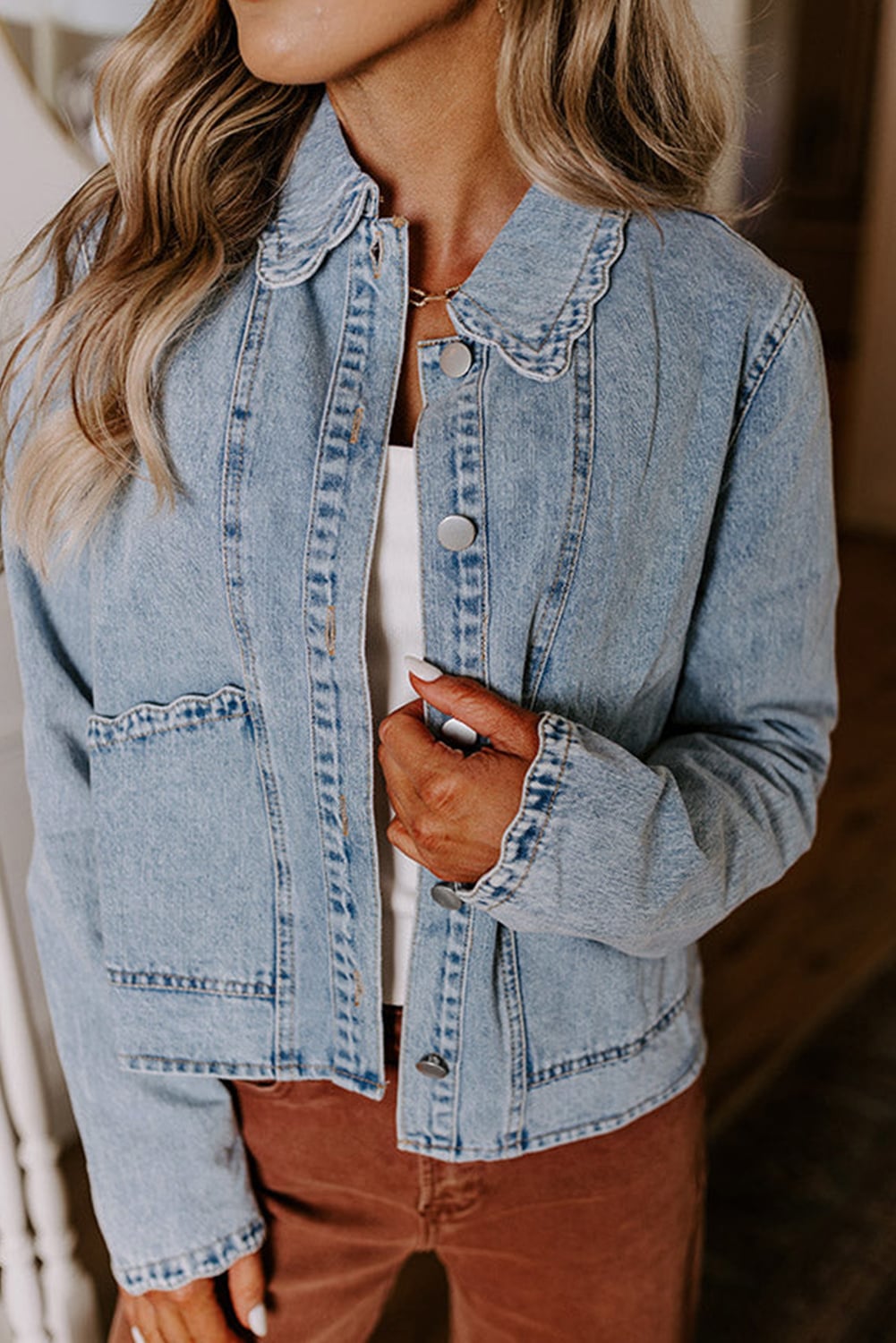 Myosotis Scallop Trim Collar Patched Pocket Button Up Mineral Washed Denim Jacket
