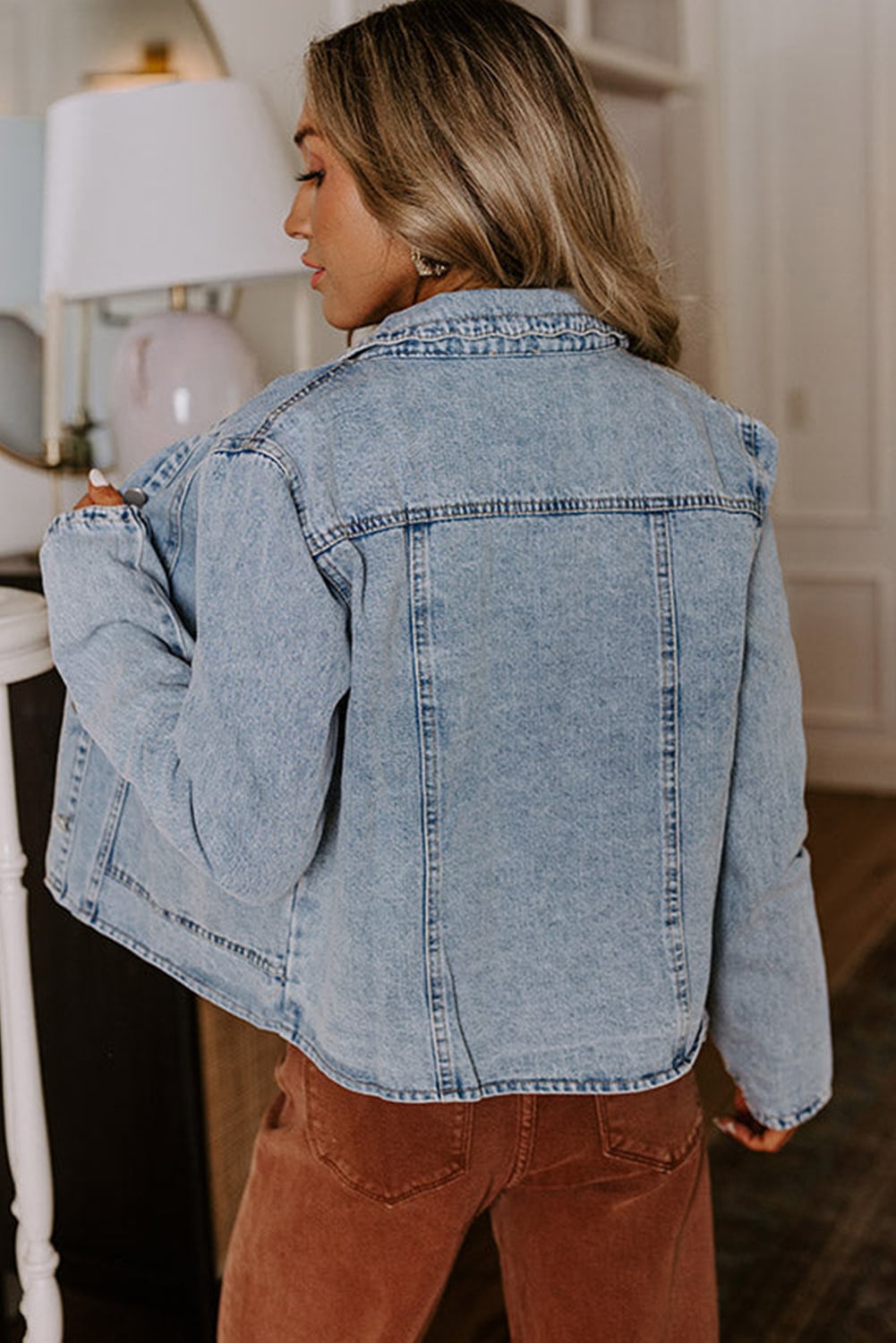 Myosotis Scallop Trim Collar Patched Pocket Button Up Mineral Washed Denim Jacket
