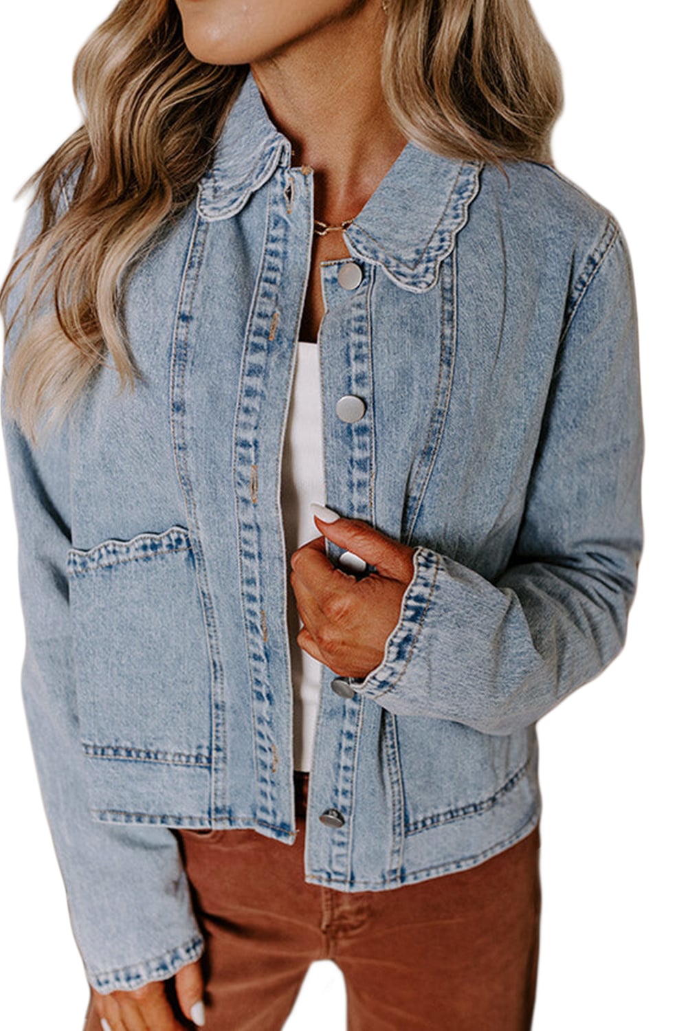 Myosotis Scallop Trim Collar Patched Pocket Button Up Mineral Washed Denim Jacket