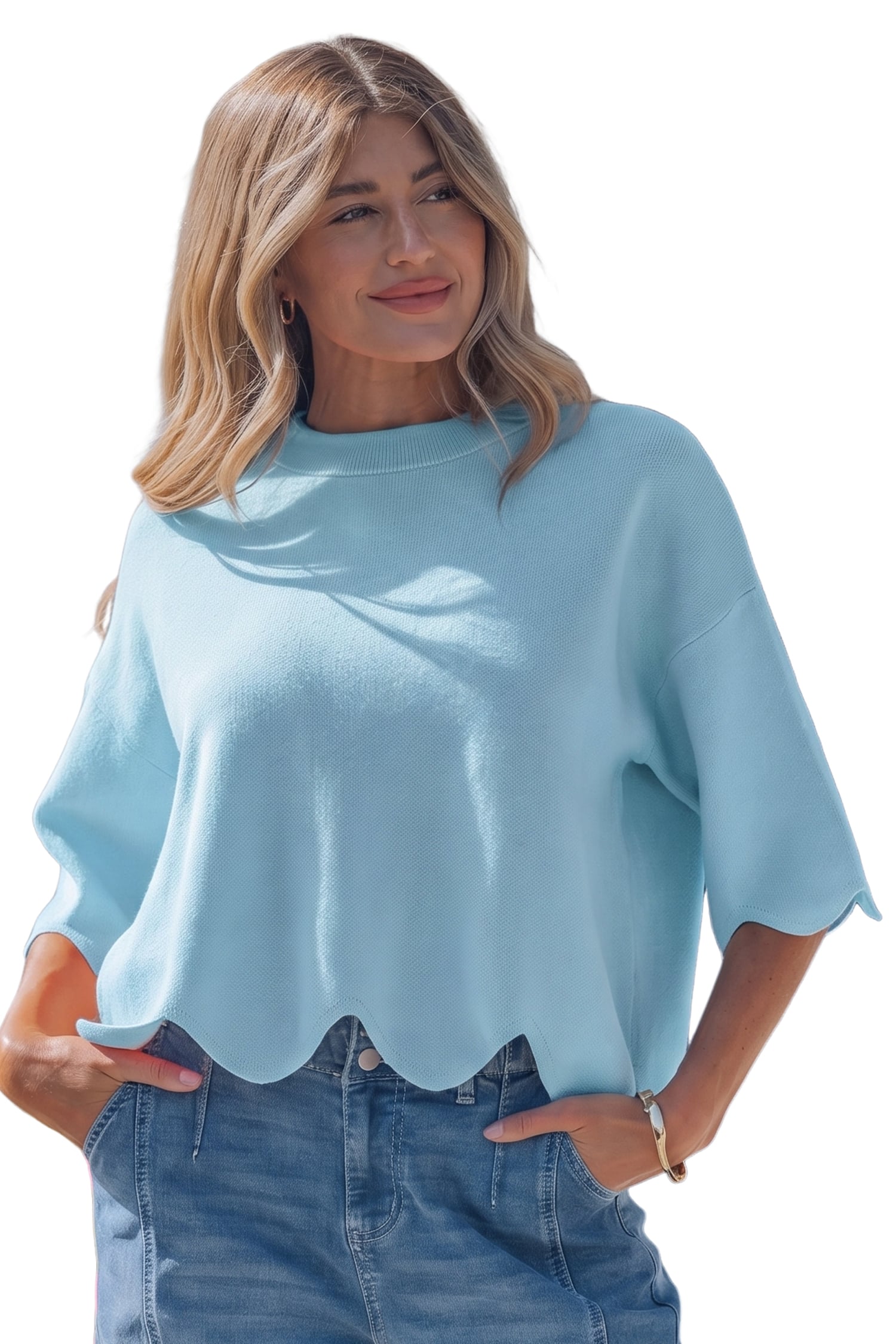 Myosotis Scalloped Hem 3/4 Sleeve Sweater Top