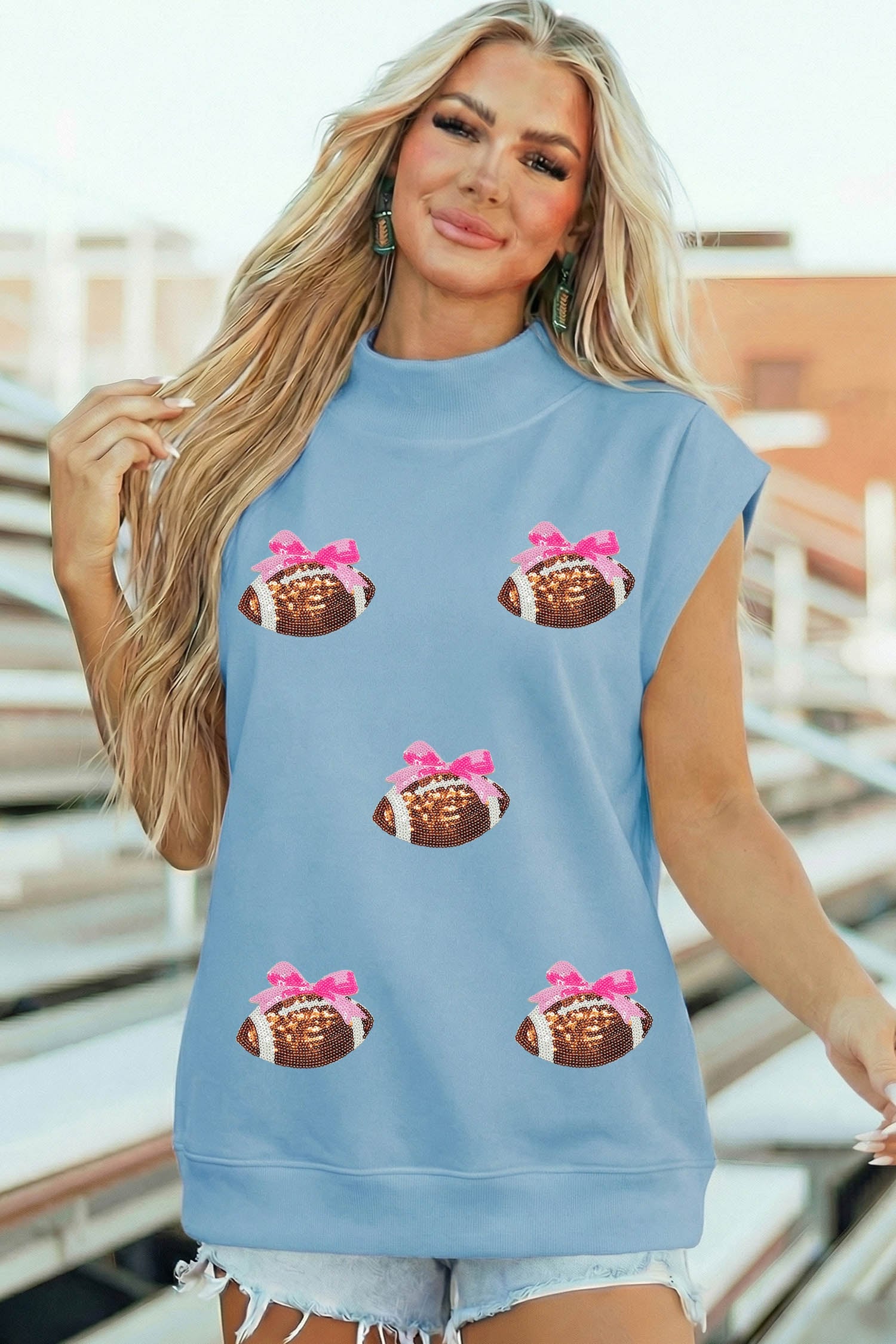 Myosotis Sequin Bow Rugby Pattern High Neck Short Sleeve Tunic Top