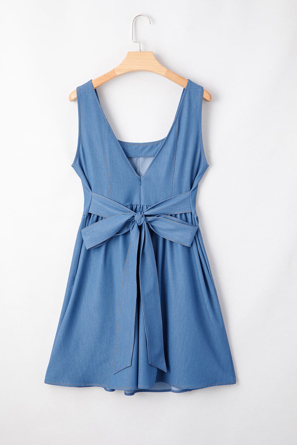 Myosotis Square Neck Pleated Waist V Cut Backless Tied Fit and Flare Dress