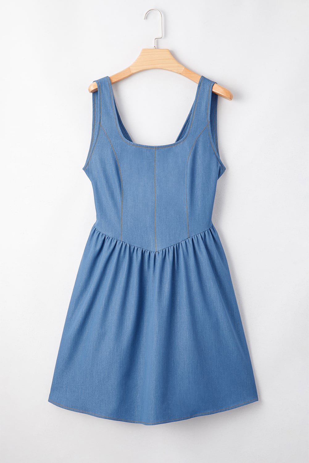 Myosotis Square Neck Pleated Waist V Cut Backless Tied Fit and Flare Dress
