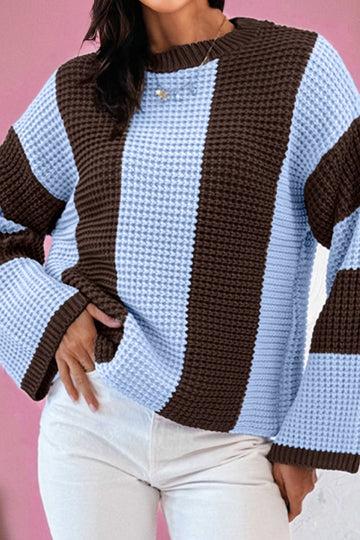 Myosotis Striped Color Block Thermal Textured Knit Drop Shoulder Sweater