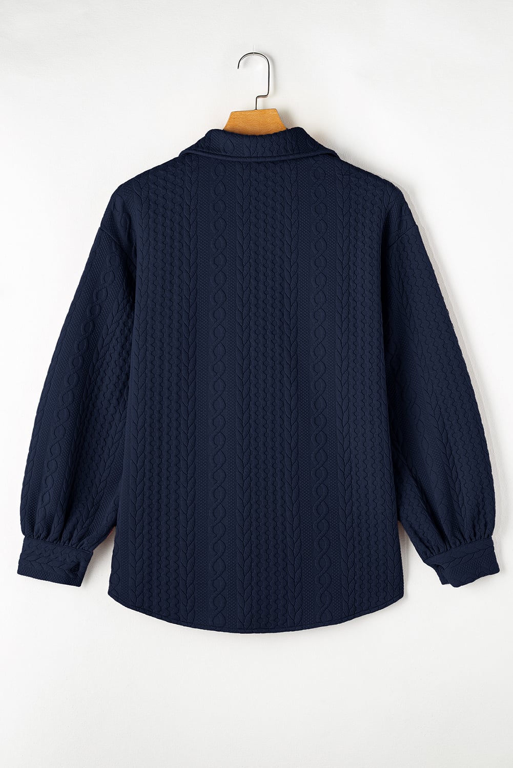 Navy Blue Cable Texture Puff Sleeve Loose Shacket