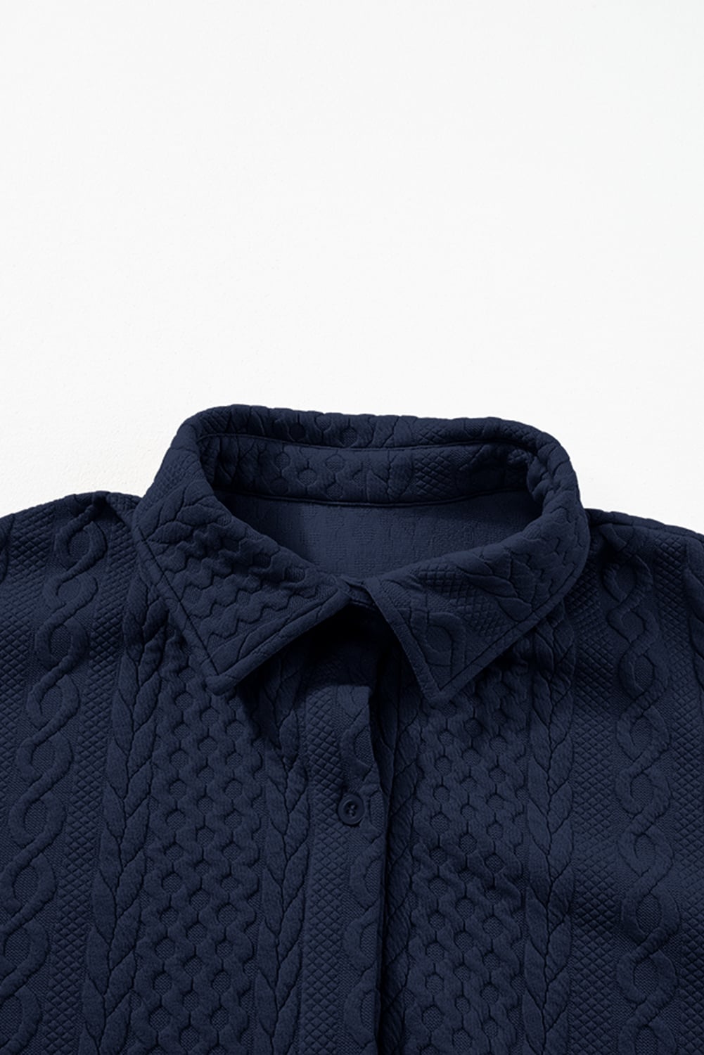 Navy Blue Cable Texture Puff Sleeve Loose Shacket