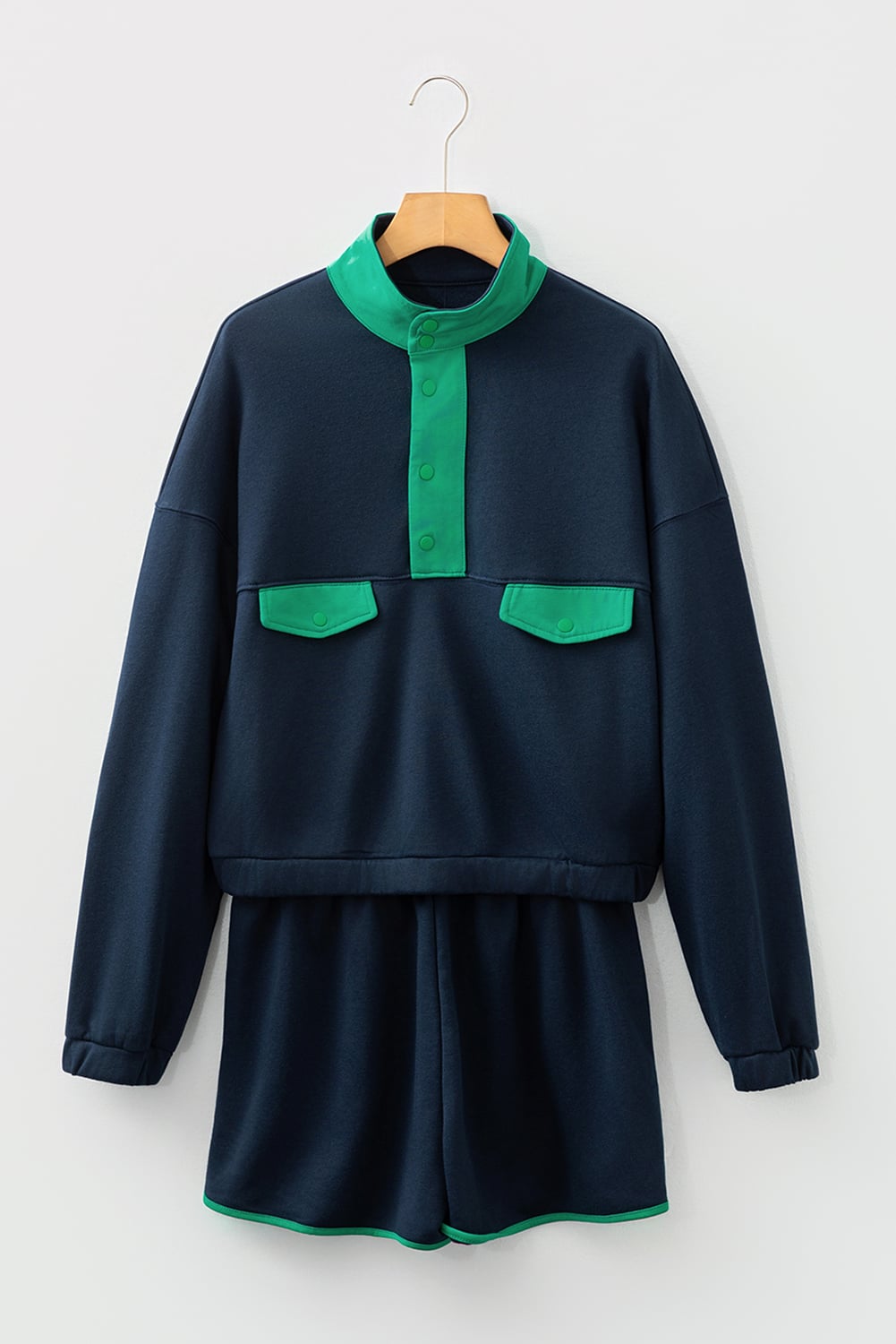 Navy Blue Color Block Patchwork Half Button Pullover and Shorts 2pcs Outfit