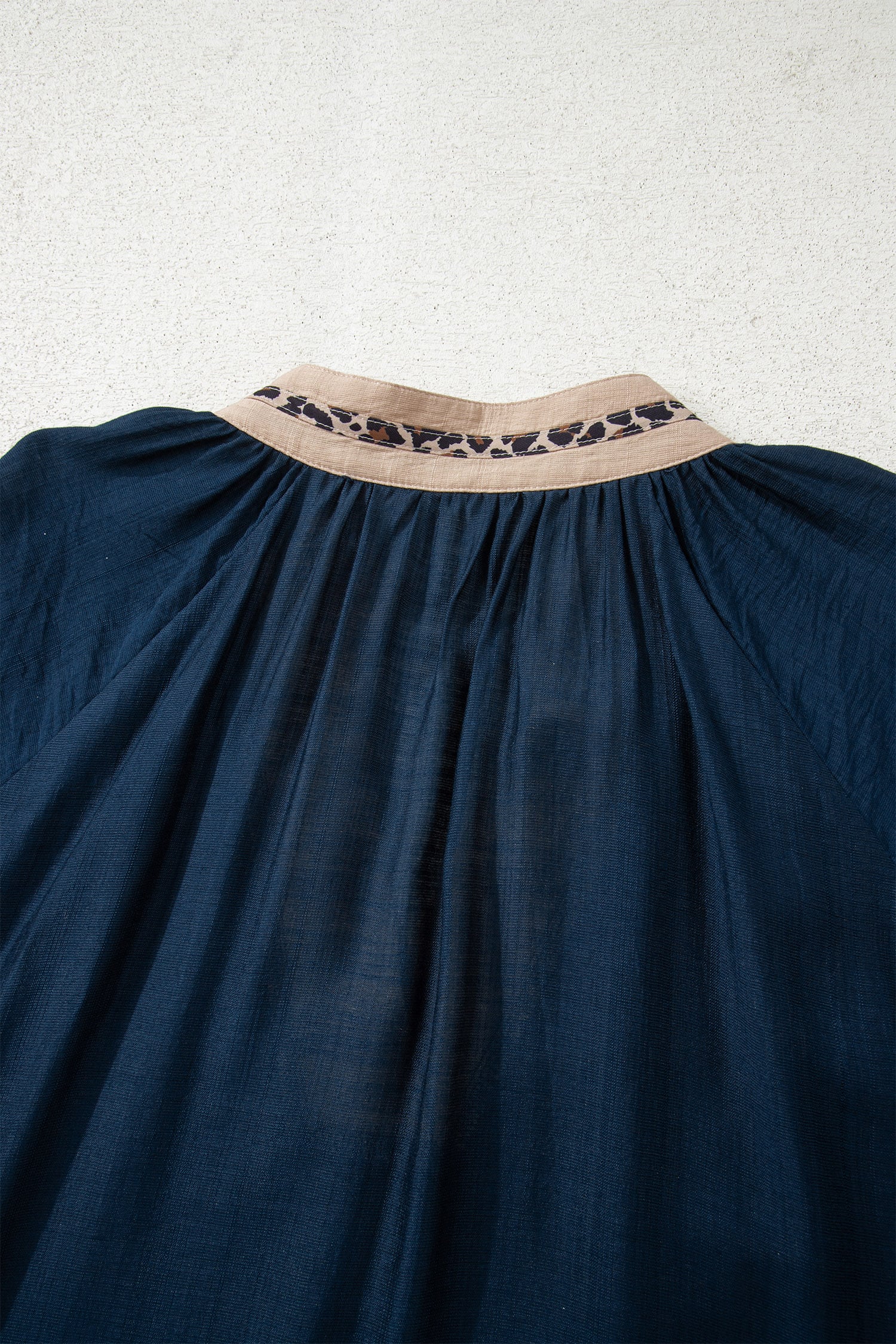 Navy Blue Contrast Leopard Patchwork Collar Plus Size Long Flounce Sleeve Blouse