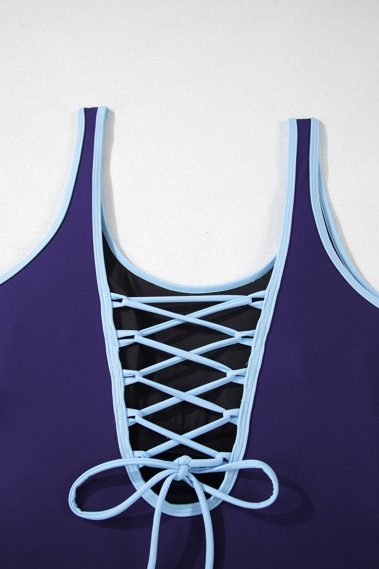 Navy Blue Contrast Trim Lace-up Back One Piece Swimsuit