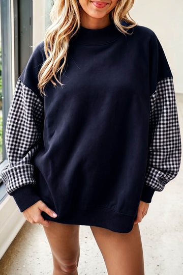Navy Blue Plaid Sleeve Colorblock Loose Tunic Sweatshirt