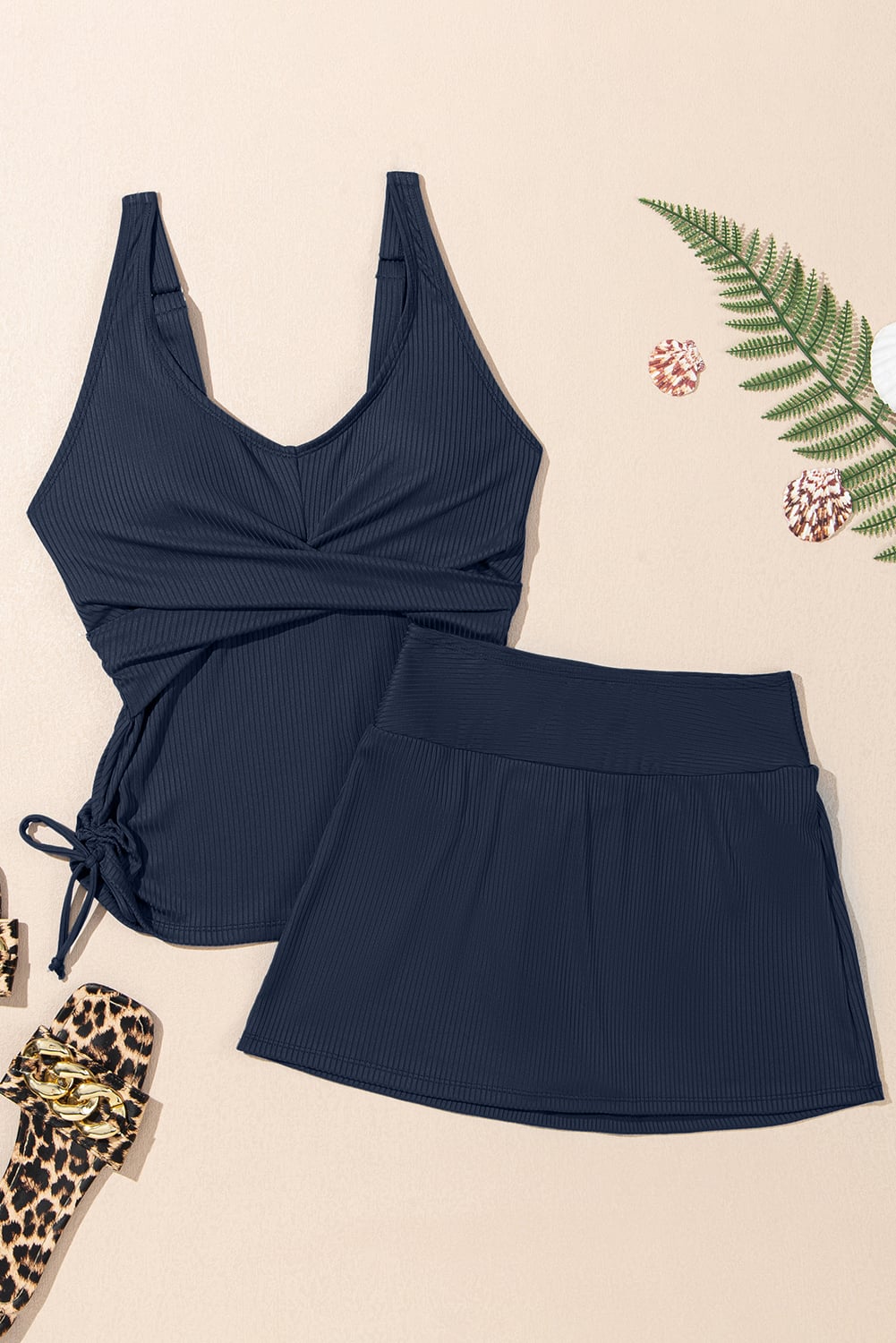 Navy Blue Ribbed Knit Crossed Detail Tank Skort 2pcs Swimsuit