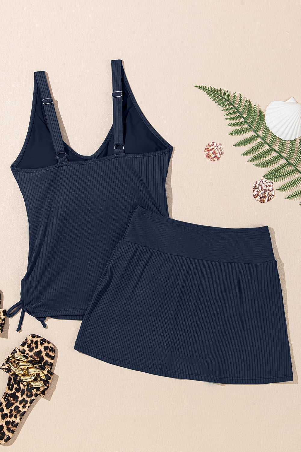 Navy Blue Ribbed Knit Crossed Detail Tank Skort 2pcs Swimsuit