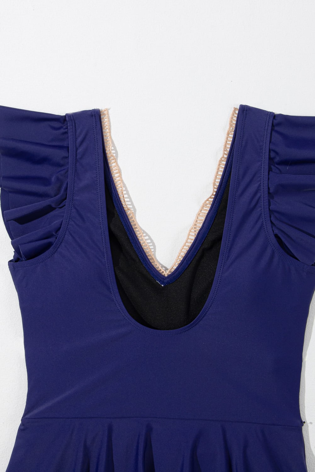 Navy Blue Ruffled Short Sleeve Lace Trim V Neck One Piece Swim Dress