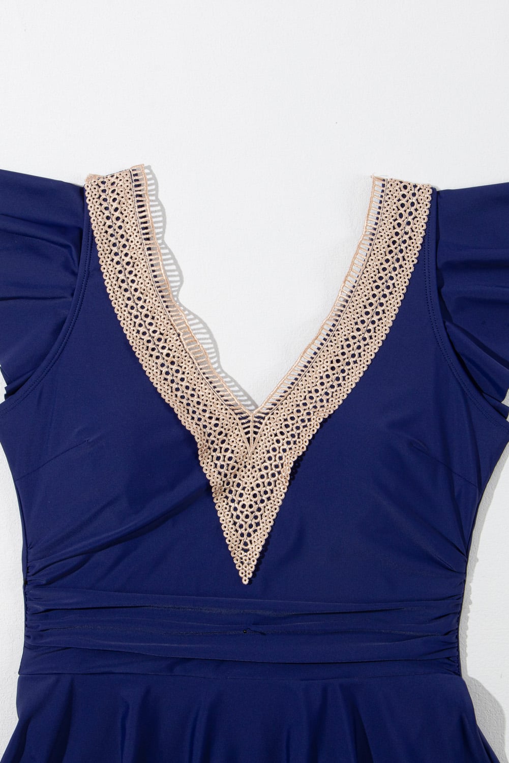 Navy Blue Ruffled Short Sleeve Lace Trim V Neck One Piece Swim Dress