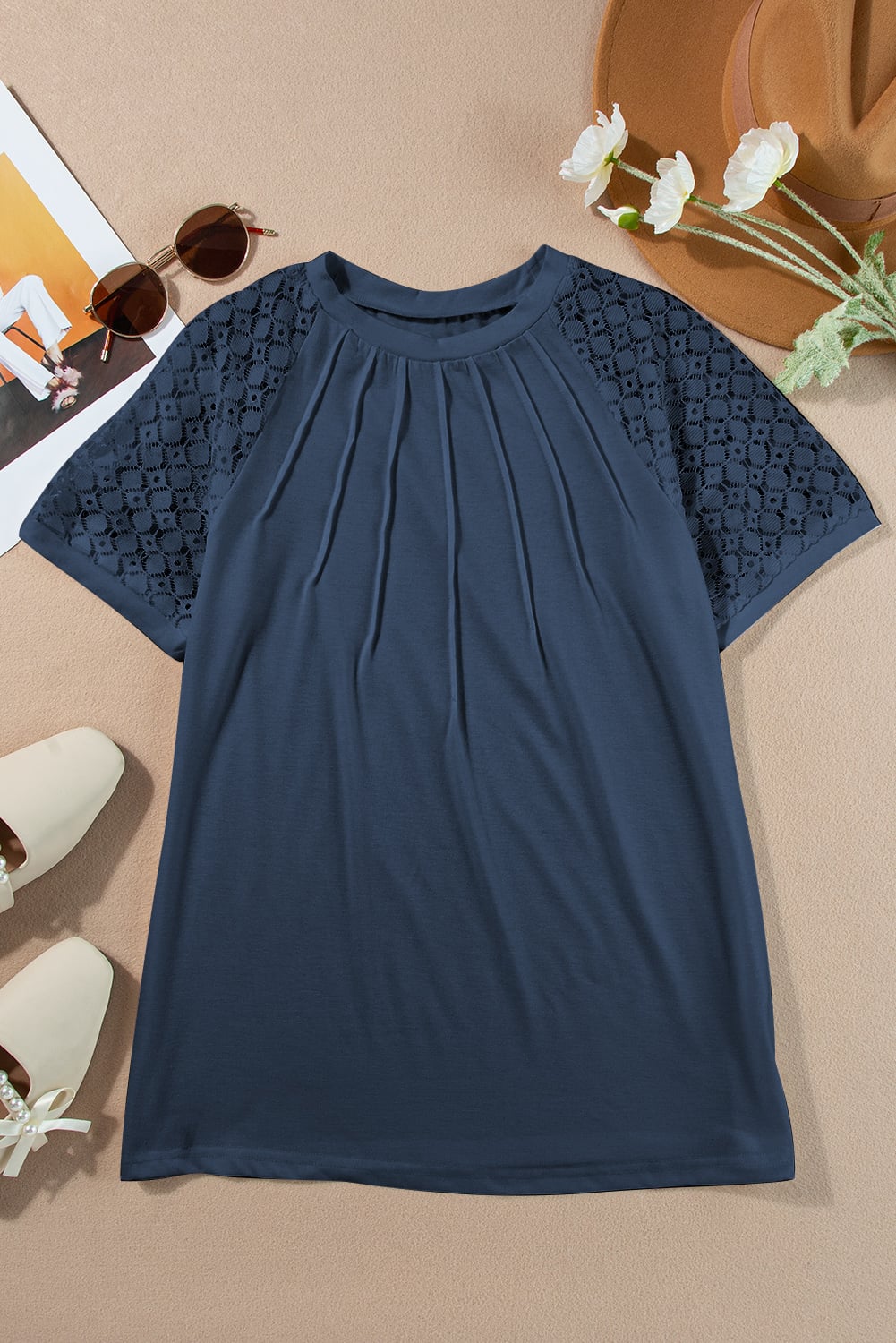 Navy Blue Seamed Detail Contrast Lace Raglan Sleeve Tee