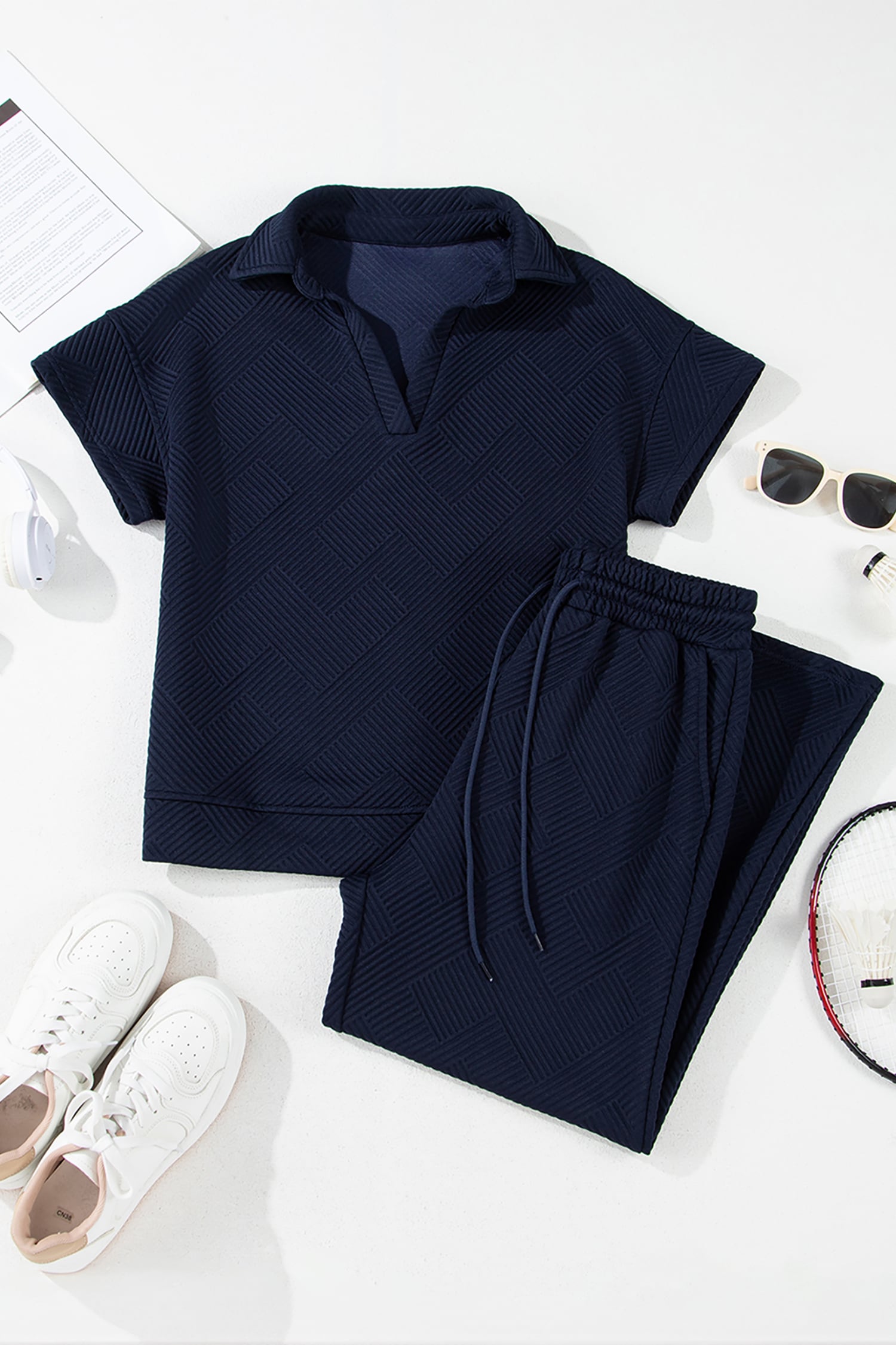 Navy Blue Stylish Textured Loose Fit T Shirt and Drawstring Pants Set