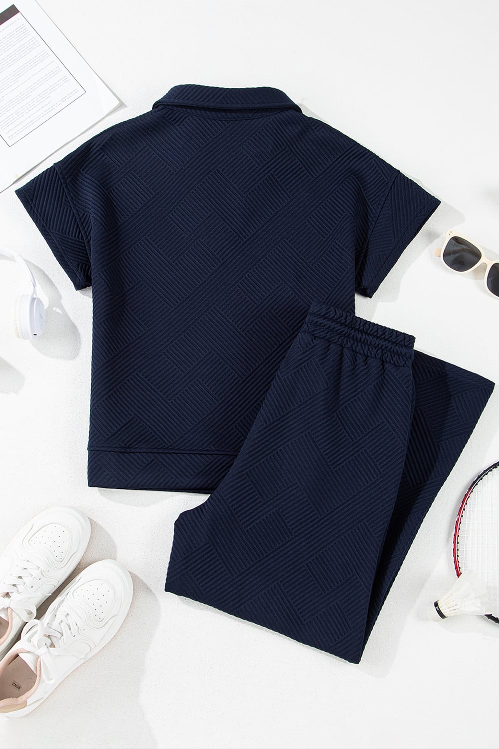 Navy Blue Stylish Textured Loose Fit T Shirt and Drawstring Pants Set