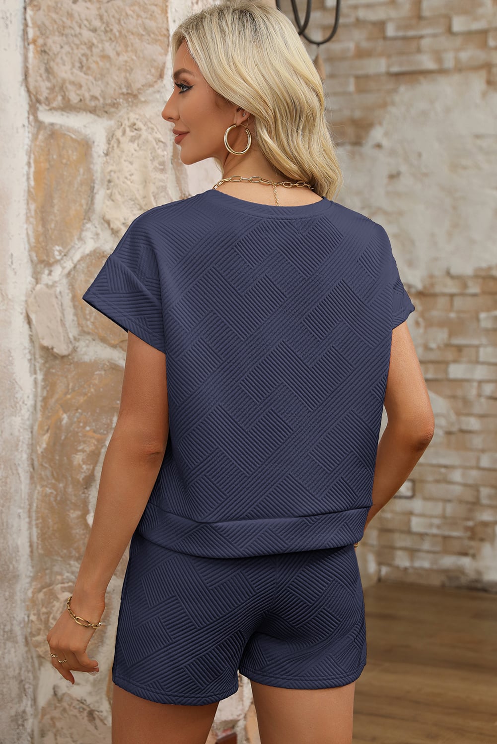 Navy Blue Textured Short Sleeve Top and Shorts Set