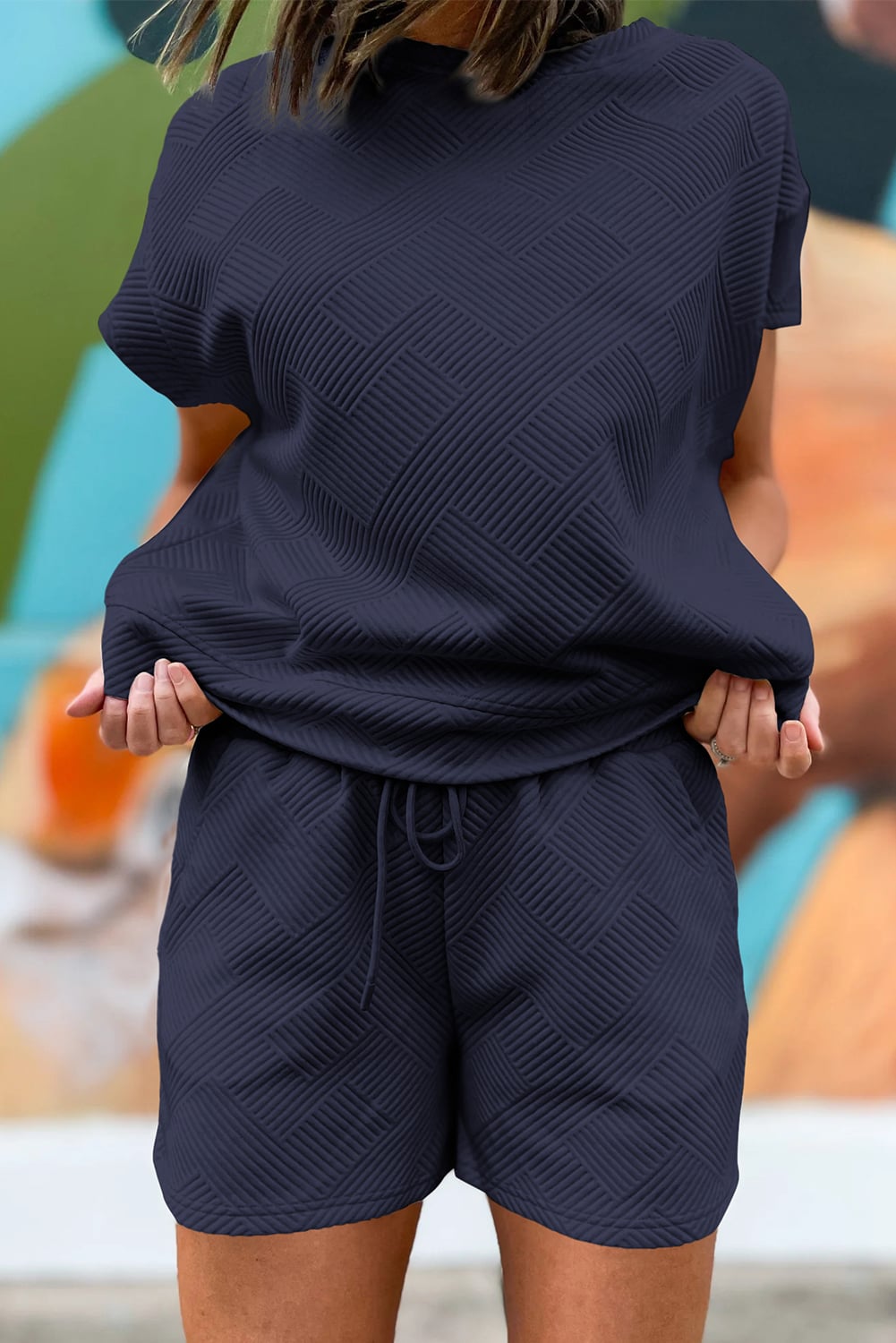 Navy Blue Textured Short Sleeve Top and Shorts Set