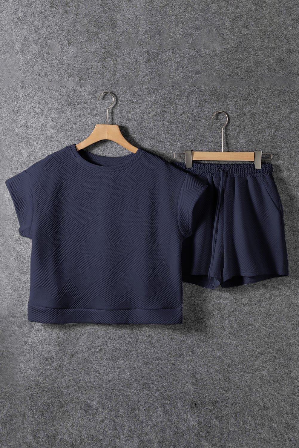 Navy Blue Textured Short Sleeve Top and Shorts Set