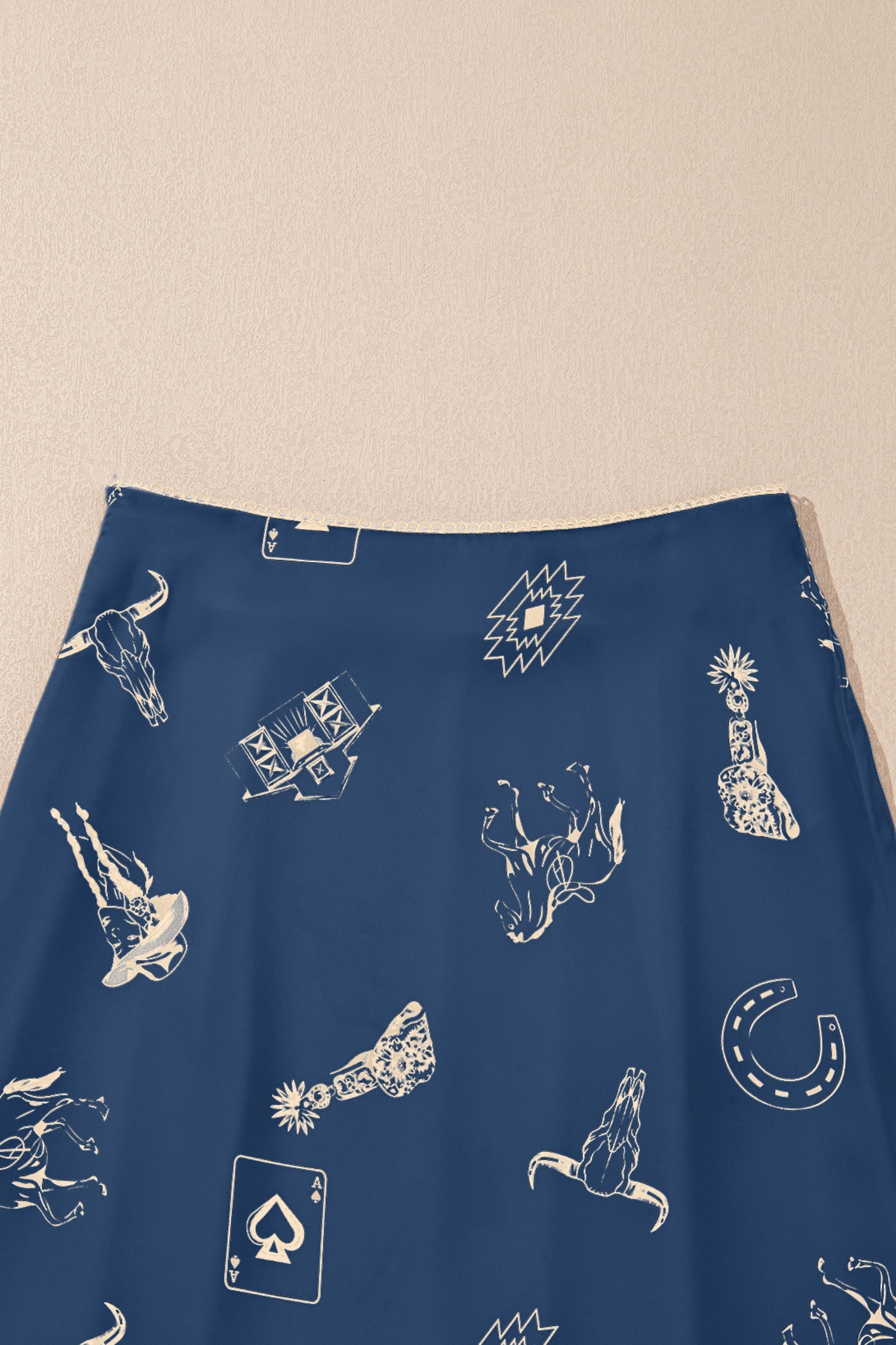 Navy Blue Western Print Satin Long Skirt