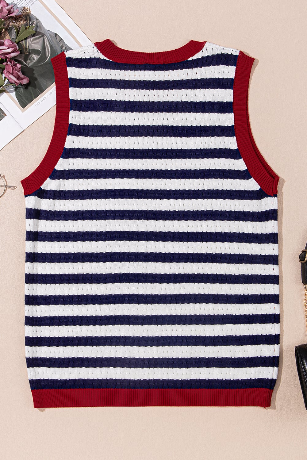 Navy Stripe Pointelle Knit Contrast Trim Sleeveless Sweater Top