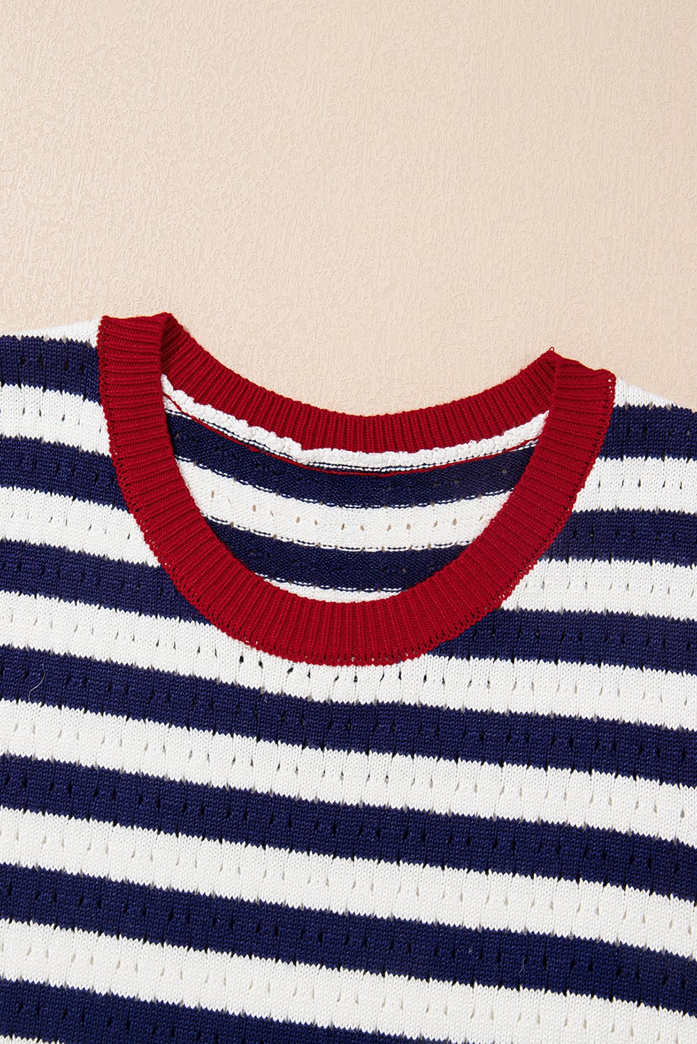 Navy Stripe Pointelle Knit Contrast Trim Sleeveless Sweater Top