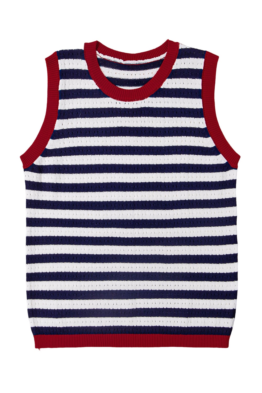 Navy Stripe Pointelle Knit Contrast Trim Sleeveless Sweater Top