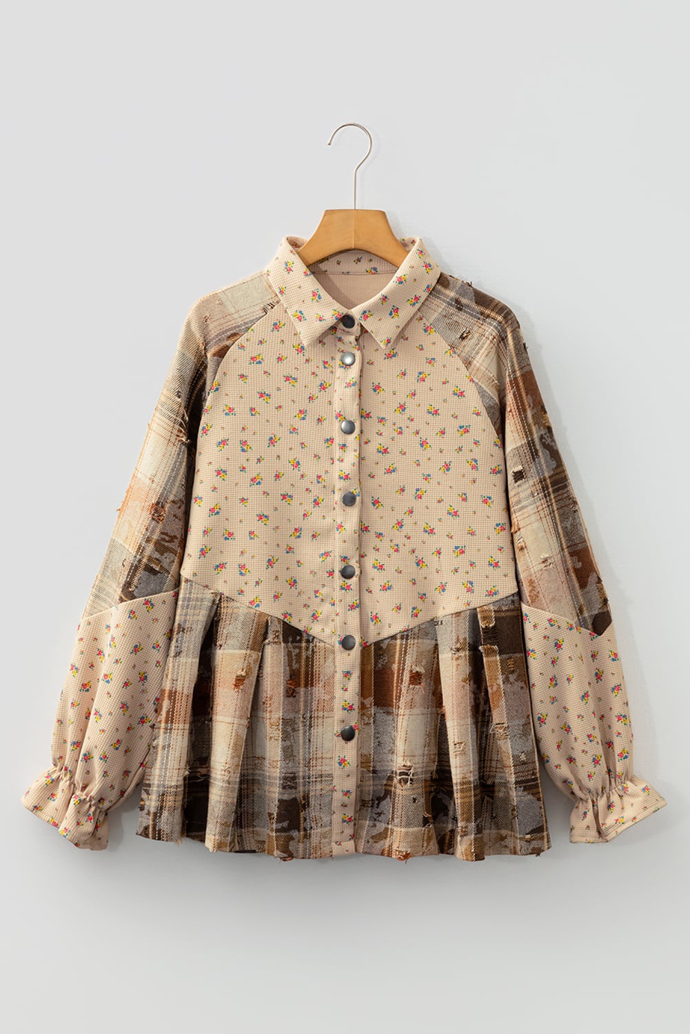 Oatmeal Boho Floral Plaid Patchwork Distressed Detail Ruffled Sleeve Waffle Knit Shacket