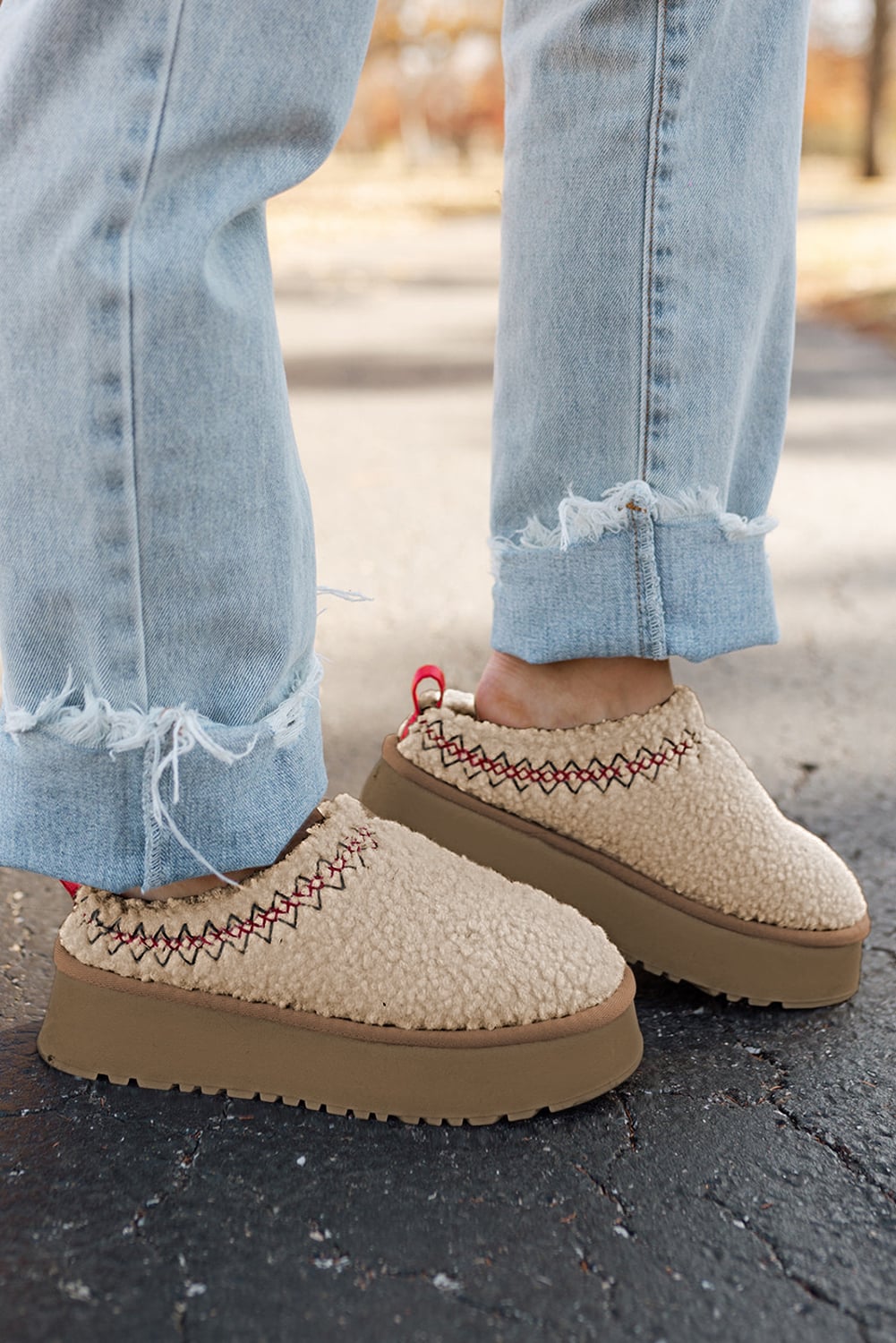 Oatmeal Soft Plush Embroidered Detail Flat Platform Slippers