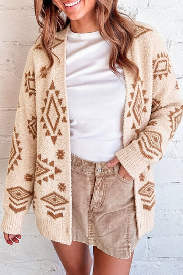 Oatmeal Fuzzy Aztec Print Open Knit Sweater Tunic Cardigan
