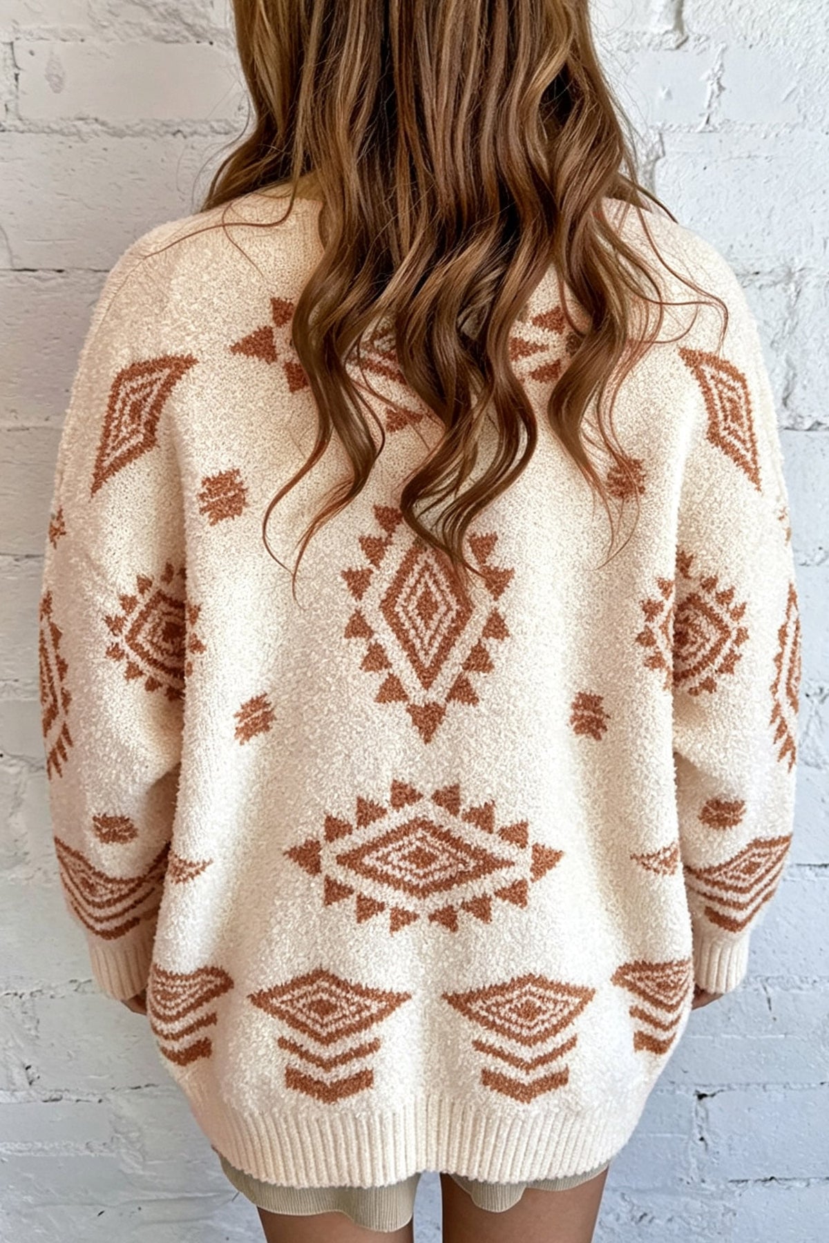 Oatmeal Fuzzy Aztec Print Open Knit Sweater Tunic Cardigan